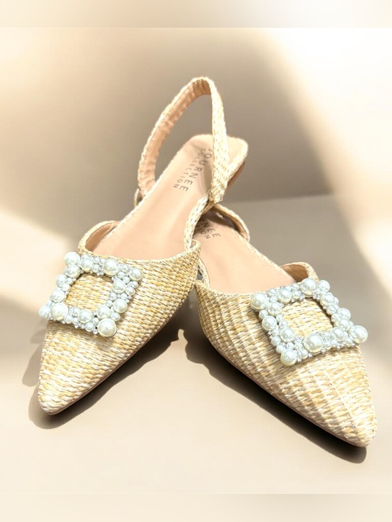 Journee Collection Shoes - Pearl Embellished Sling Back Pointed Toe Flats 9 New Natural HANNAE